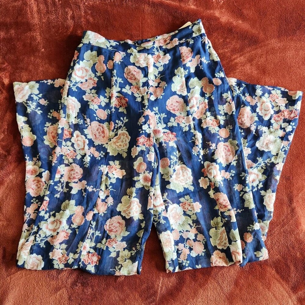 Forever 21 Early-mid 2000s Sheer Blue High-Waisted Floral Wide Leg Pants. SZ SM